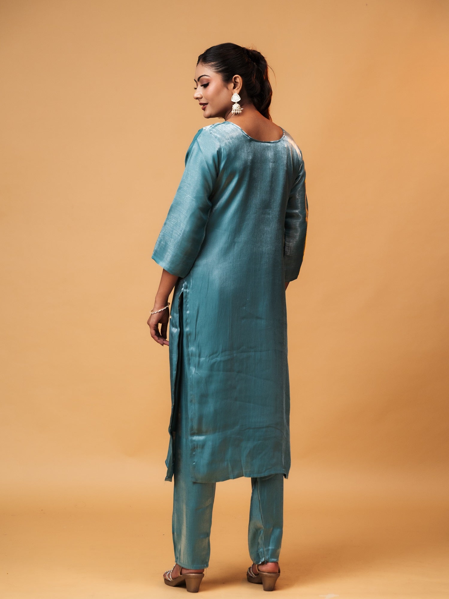 Teal Emroided Glass Tissue Suit Set