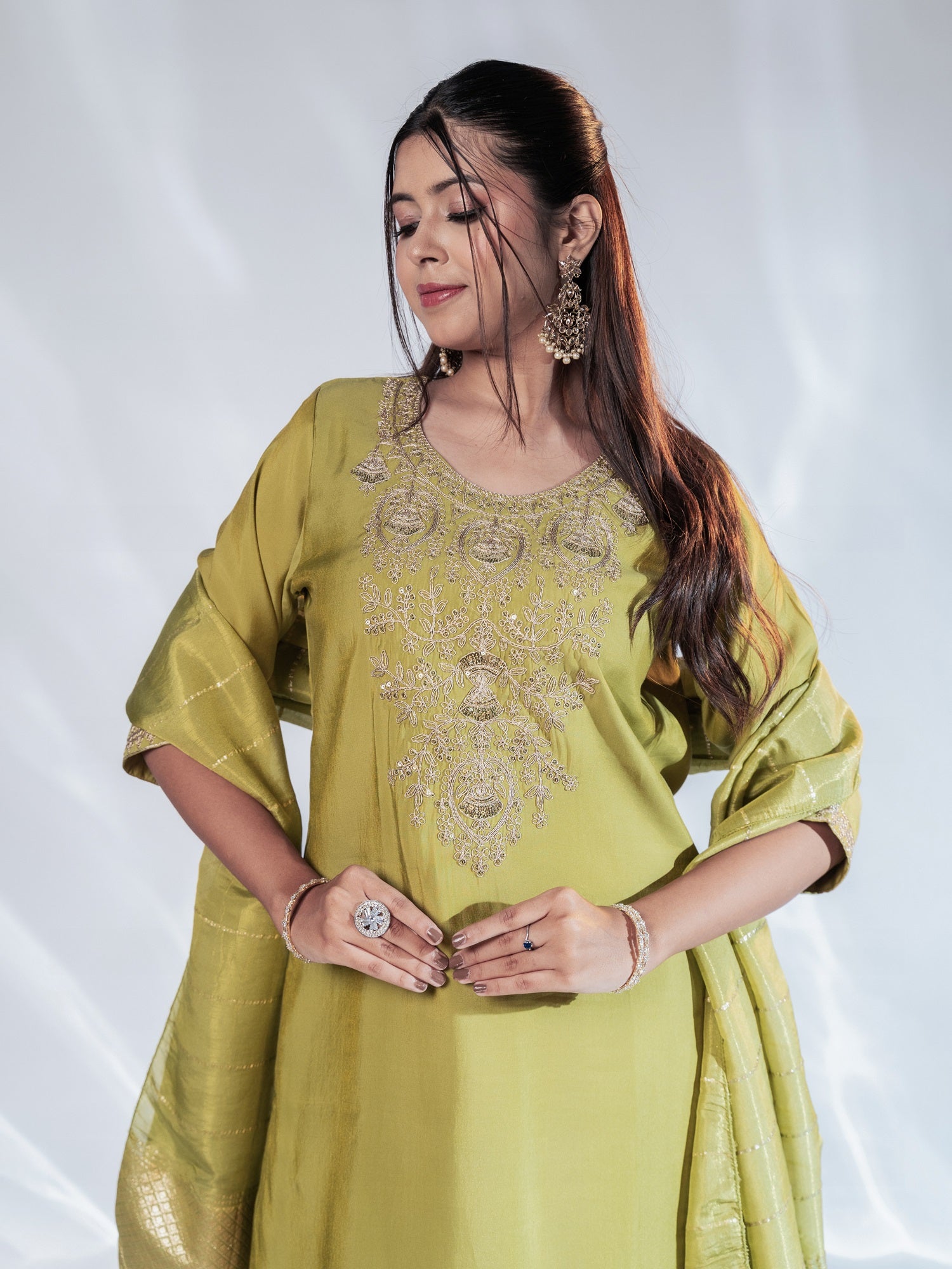 Pastel Green Gold Zari-Embroidered Suit Set