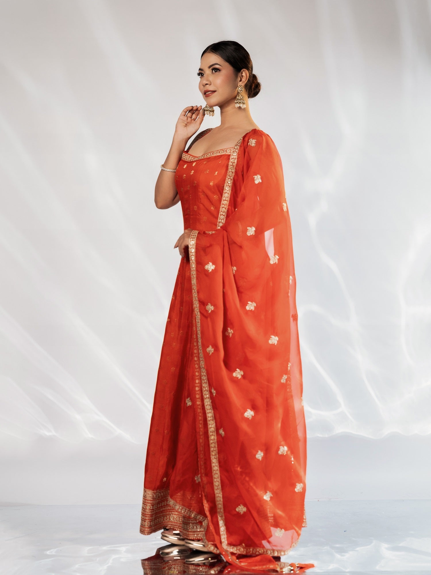 Orange Zari-Border Anarkali Gown With Dupatta