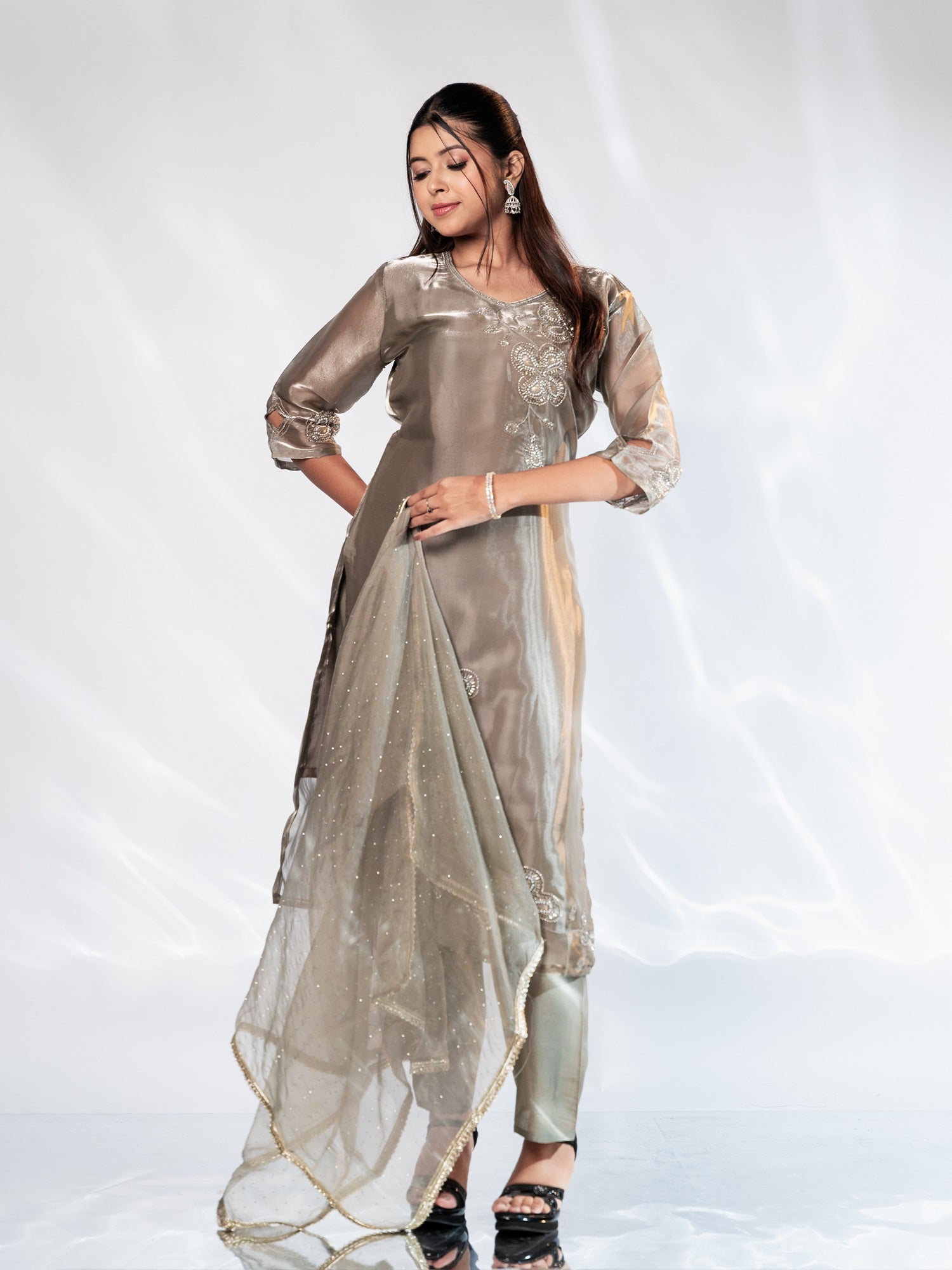 Grey Glass Tissue Aari-Embroidered Suit Set