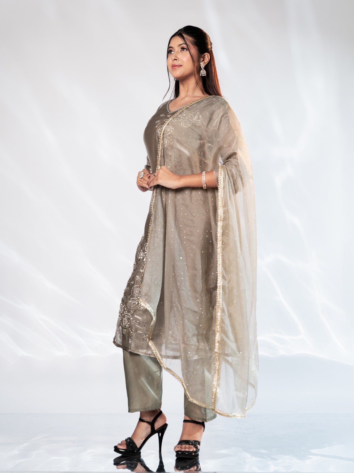 Grey Glass Tissue Aari-Embroidered Suit Set