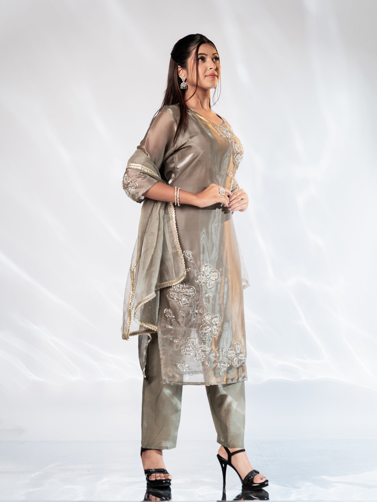 Grey Glass Tissue Aari-Embroidered Suit Set