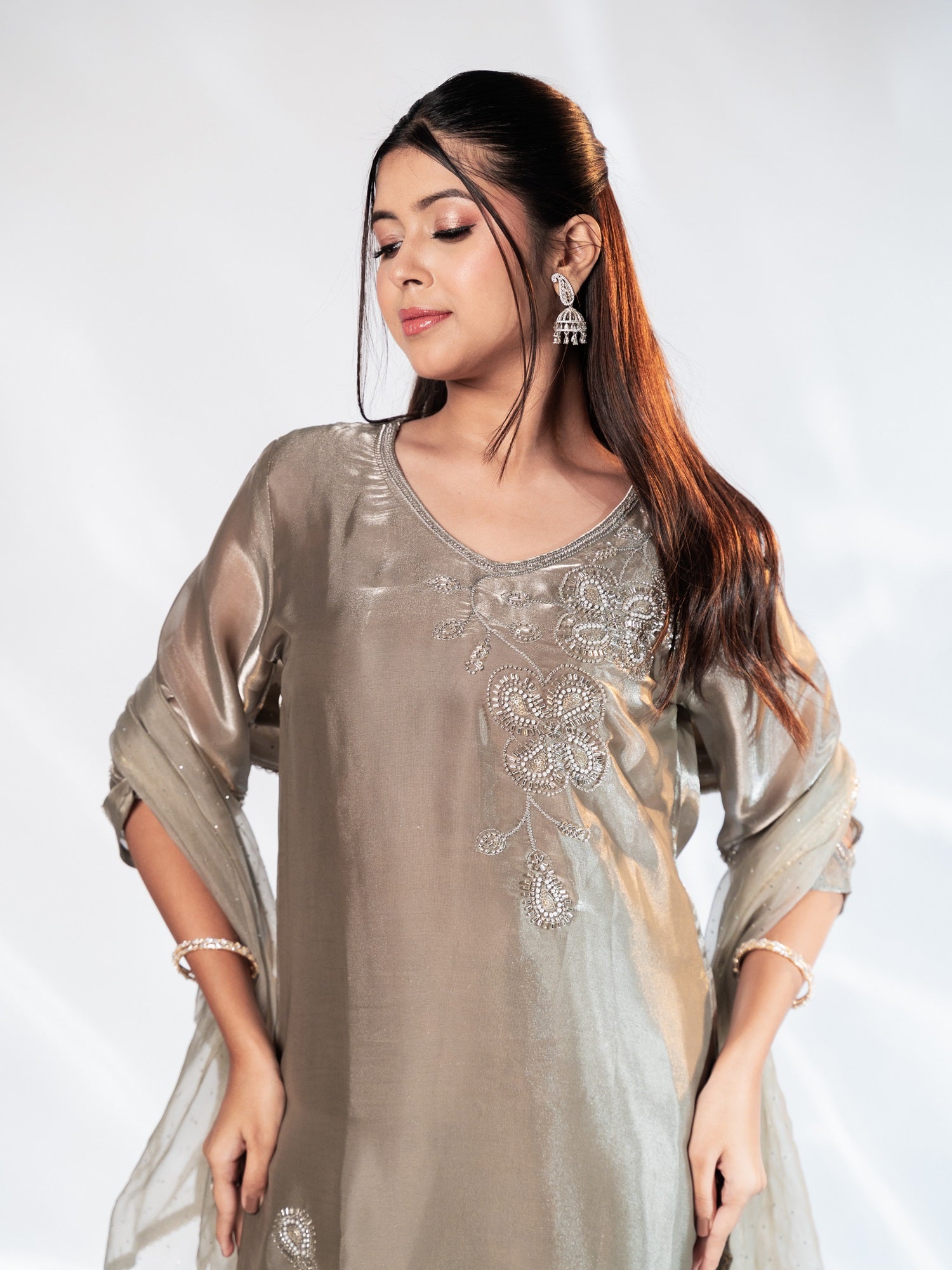 Grey Glass Tissue Aari-Embroidered Suit Set