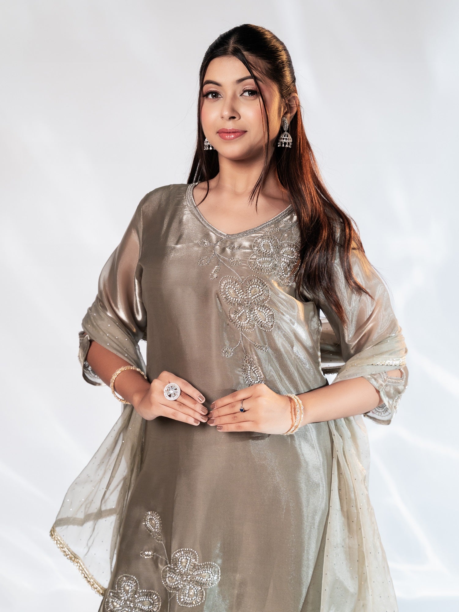 Grey Glass Tissue Aari-Embroidered Suit Set