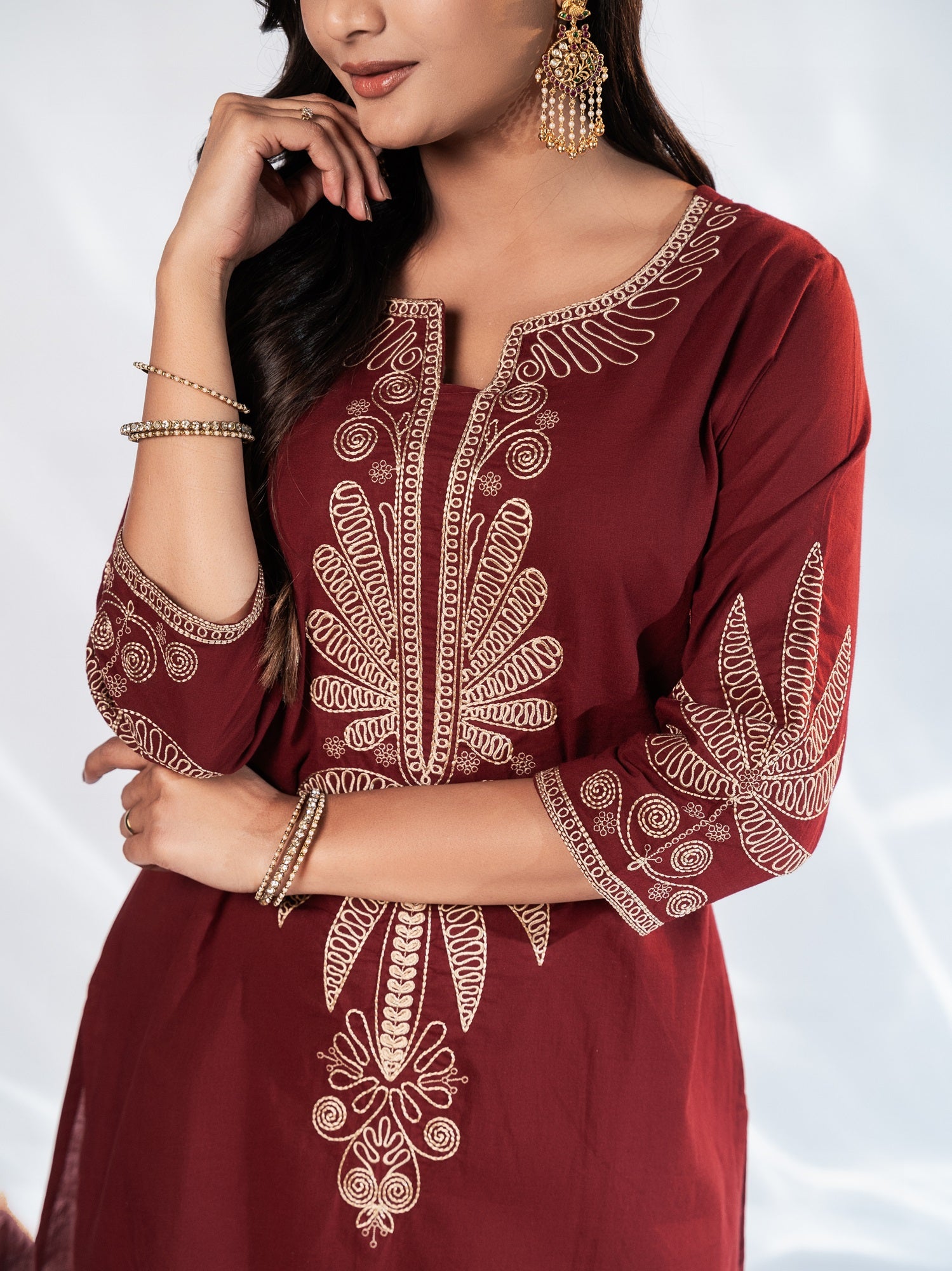 Maroon Embroidered Cotton Suit Set