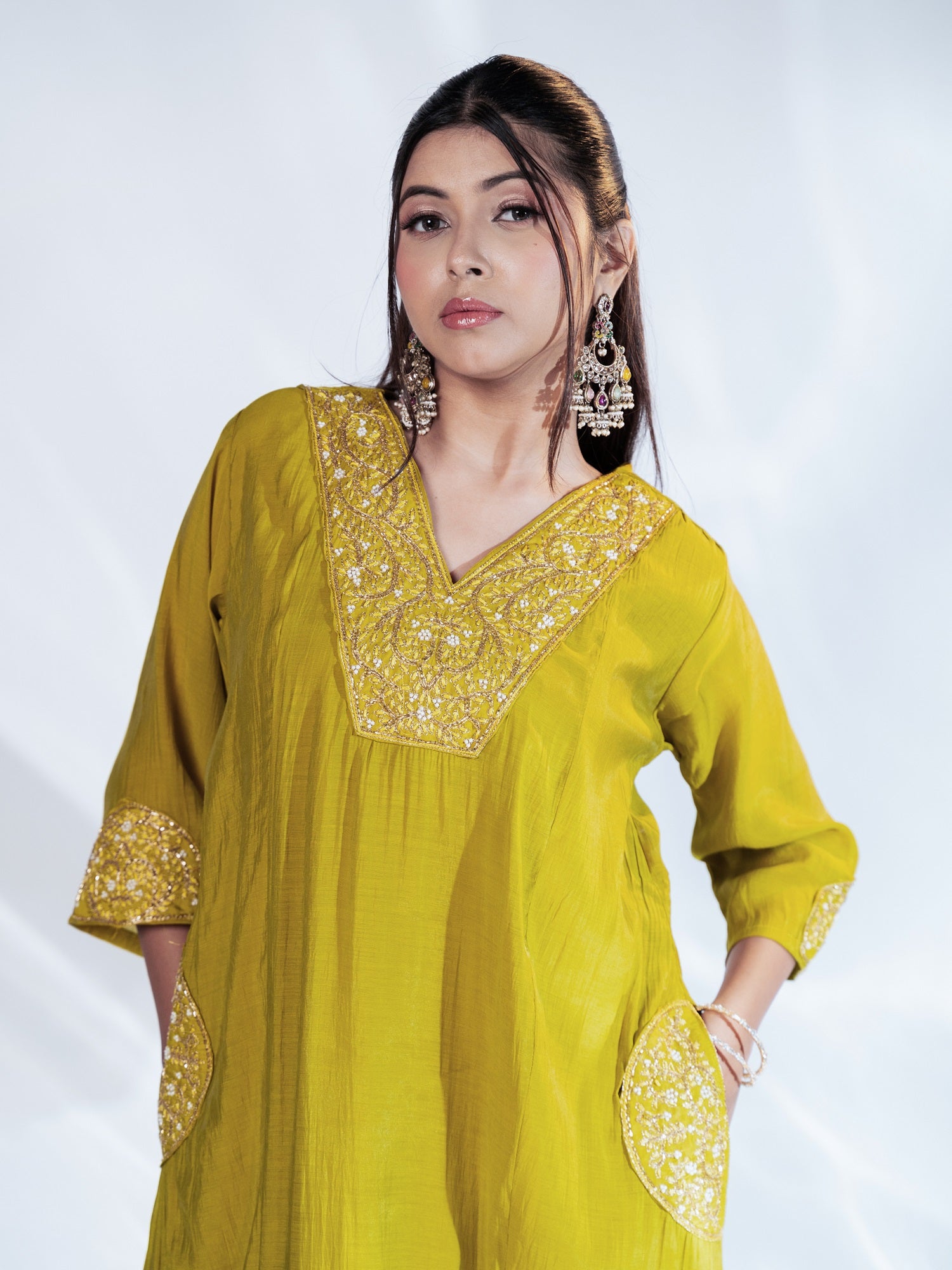 Olive Zari-Striped U-cut Dupatta Suit Set