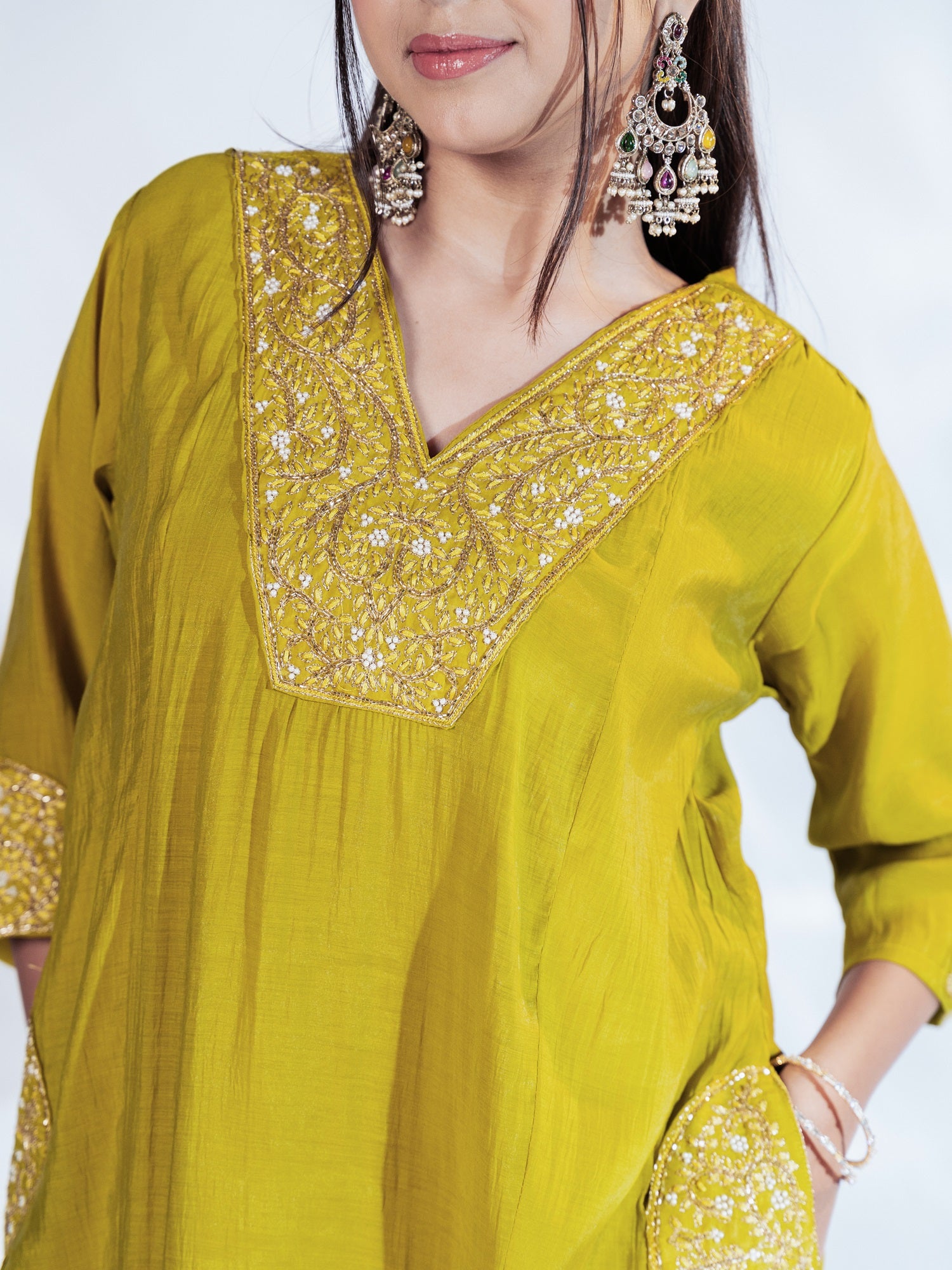 Olive Zari-Striped U-cut Dupatta Suit Set
