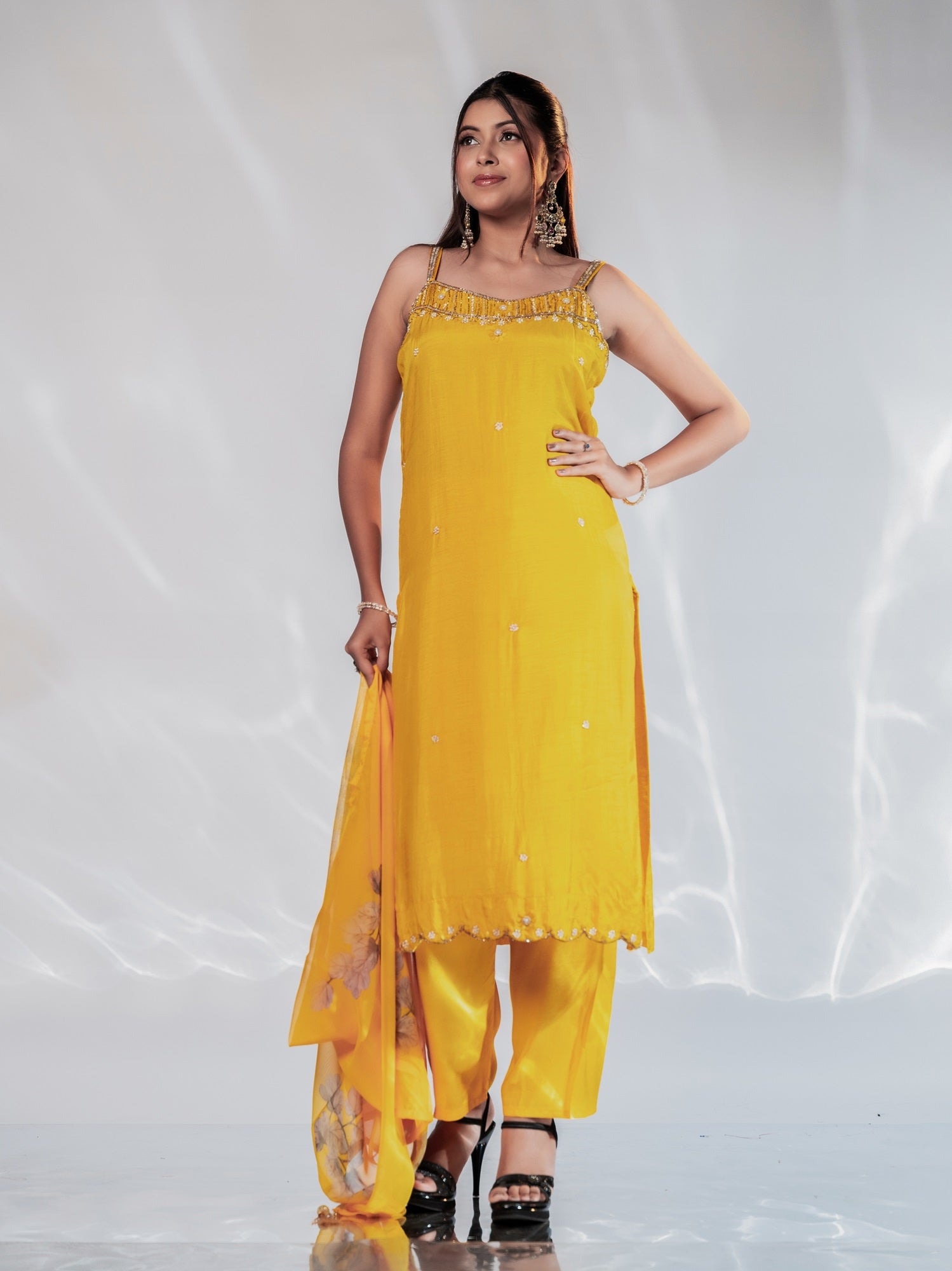 Sunshine Yellow Handwork Spaghetti-Strap Suit Set