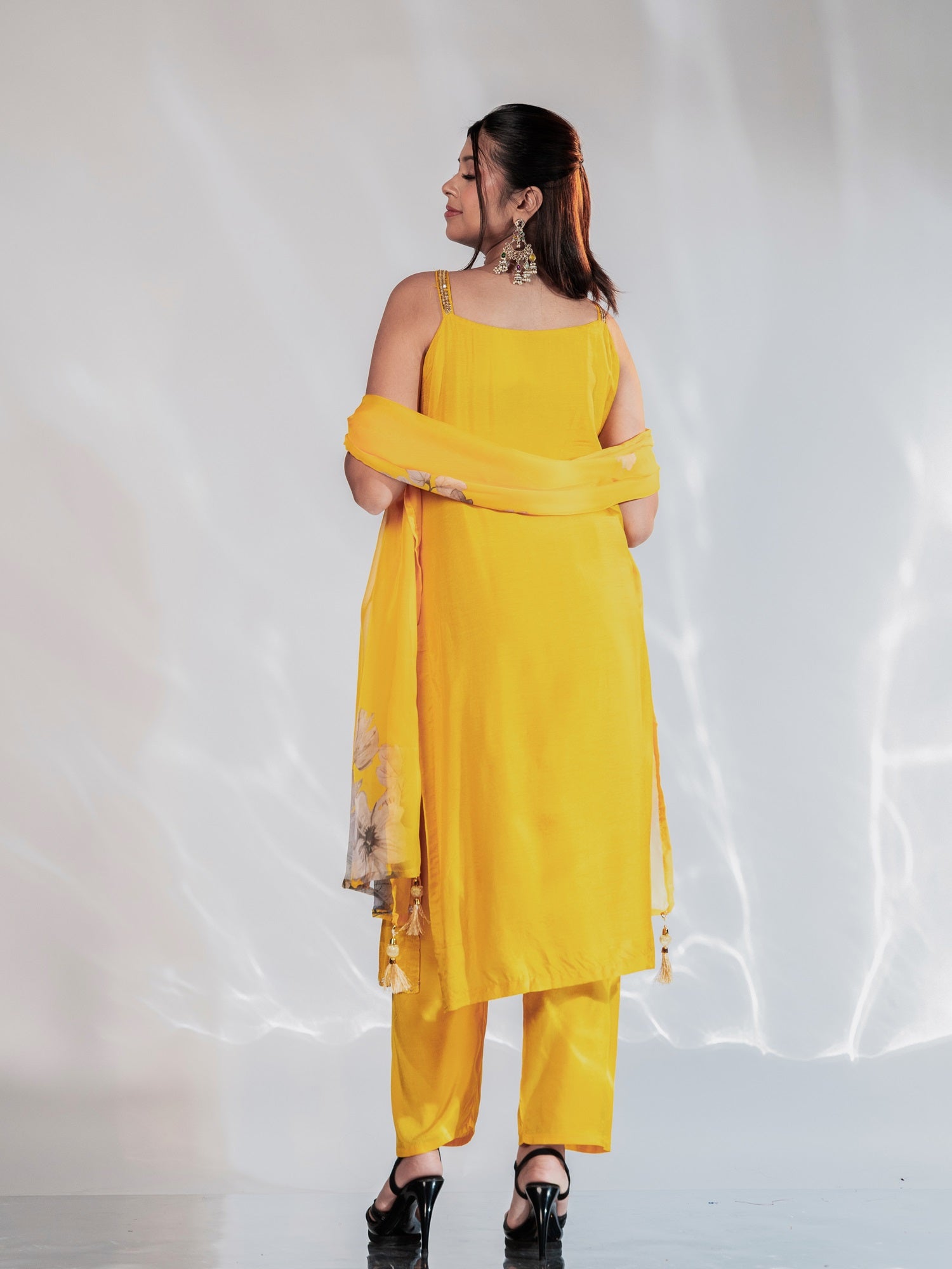 Sunshine Yellow Handwork Spaghetti-Strap Suit Set