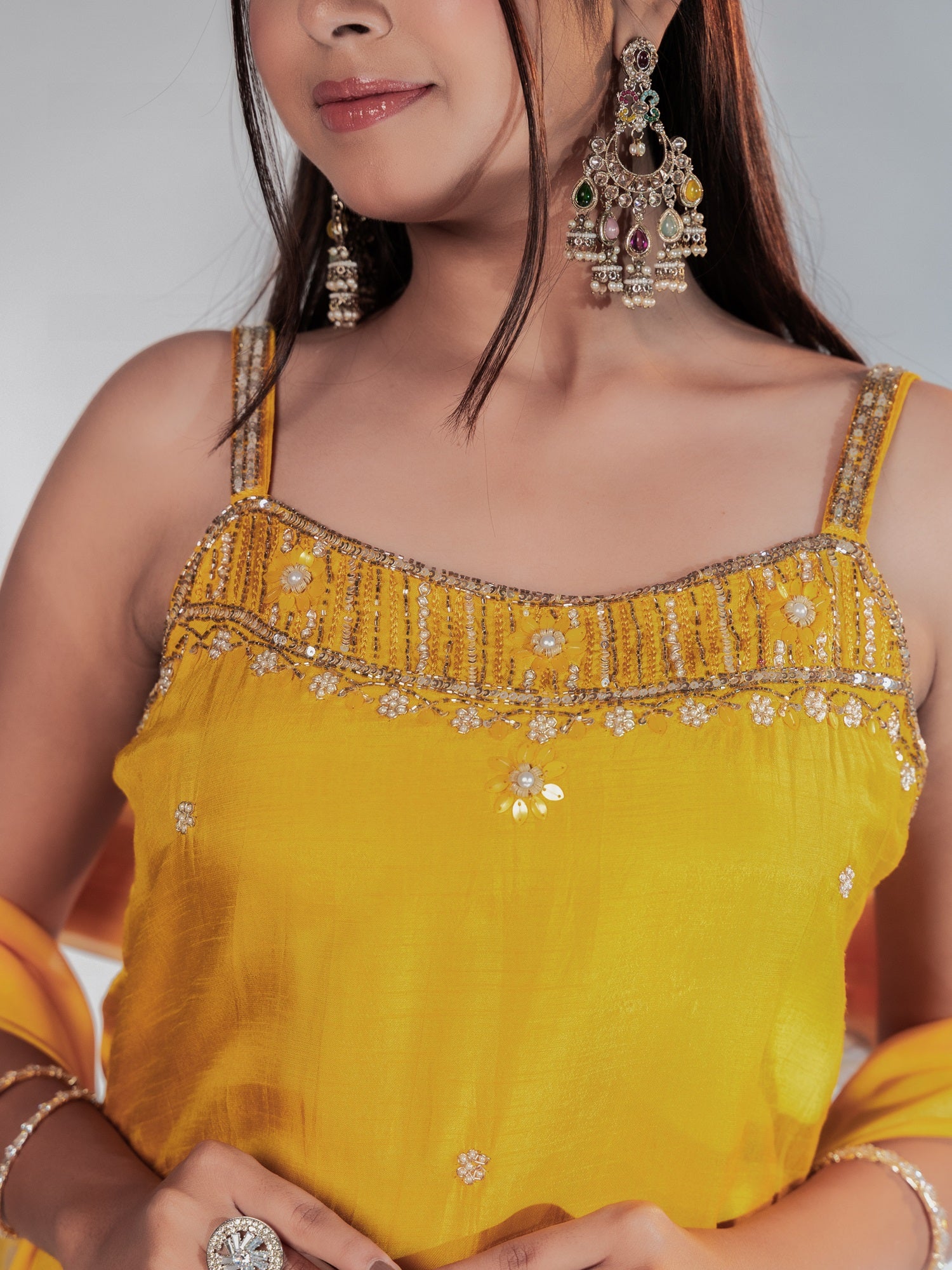 Sunshine Yellow Handwork Spaghetti-Strap Suit Set