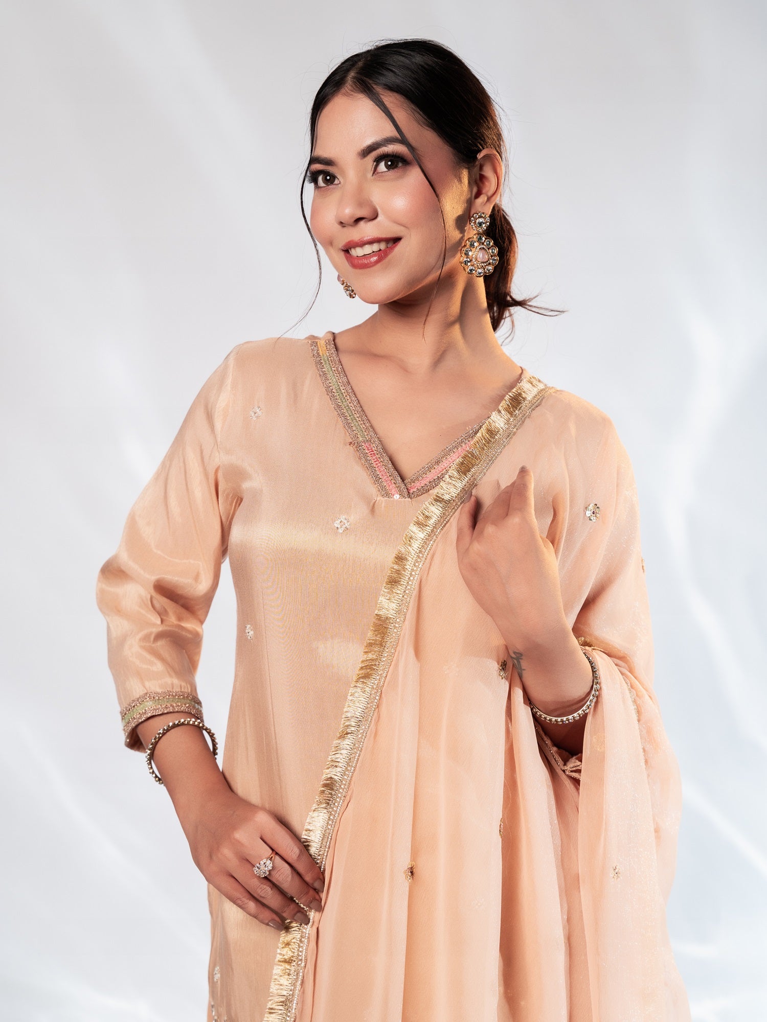 Blush Peach Handwork Muslin Silk Suit Set