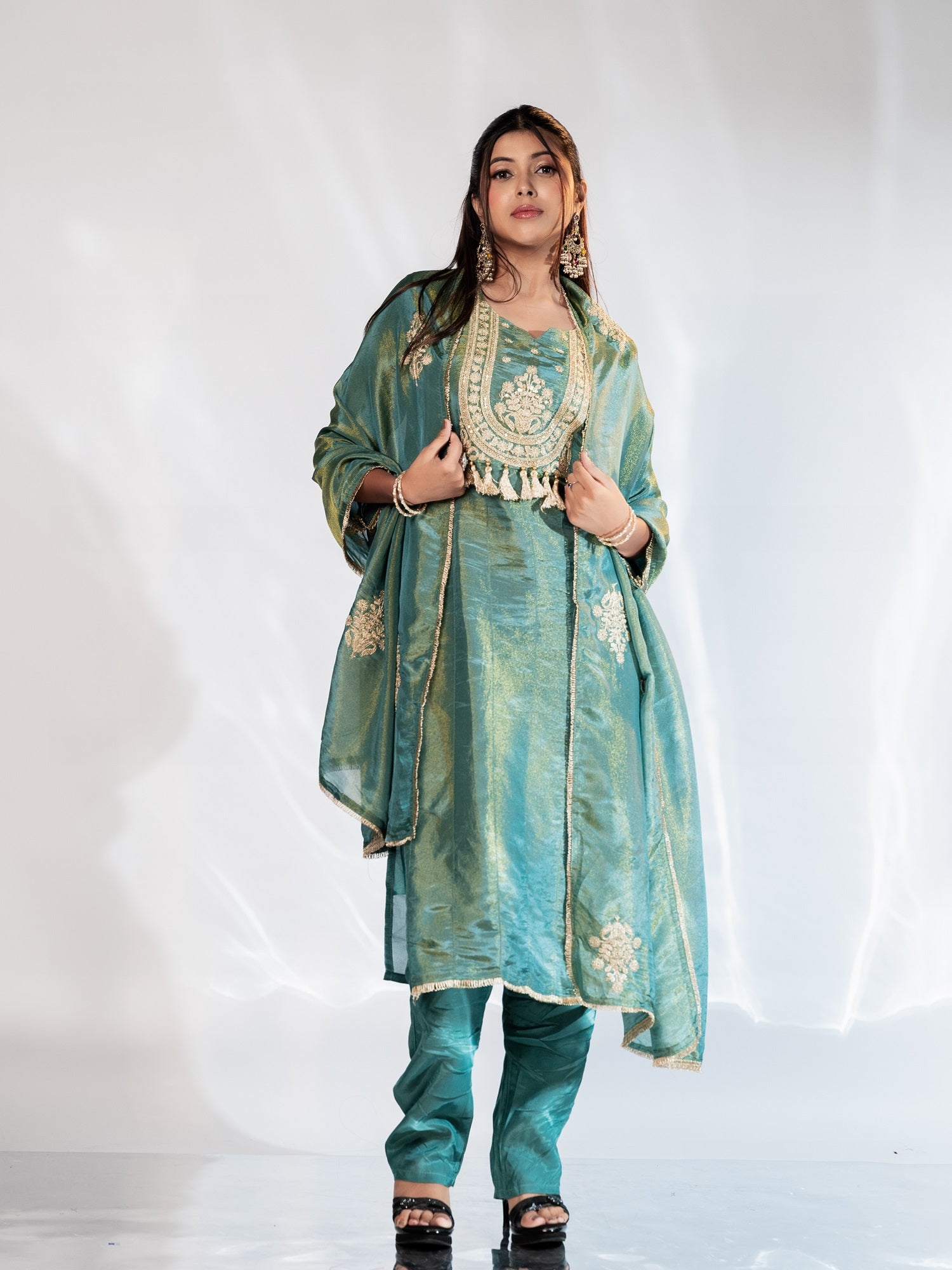 Rich Teal Shimmer Zari-Embroidered Suit Set