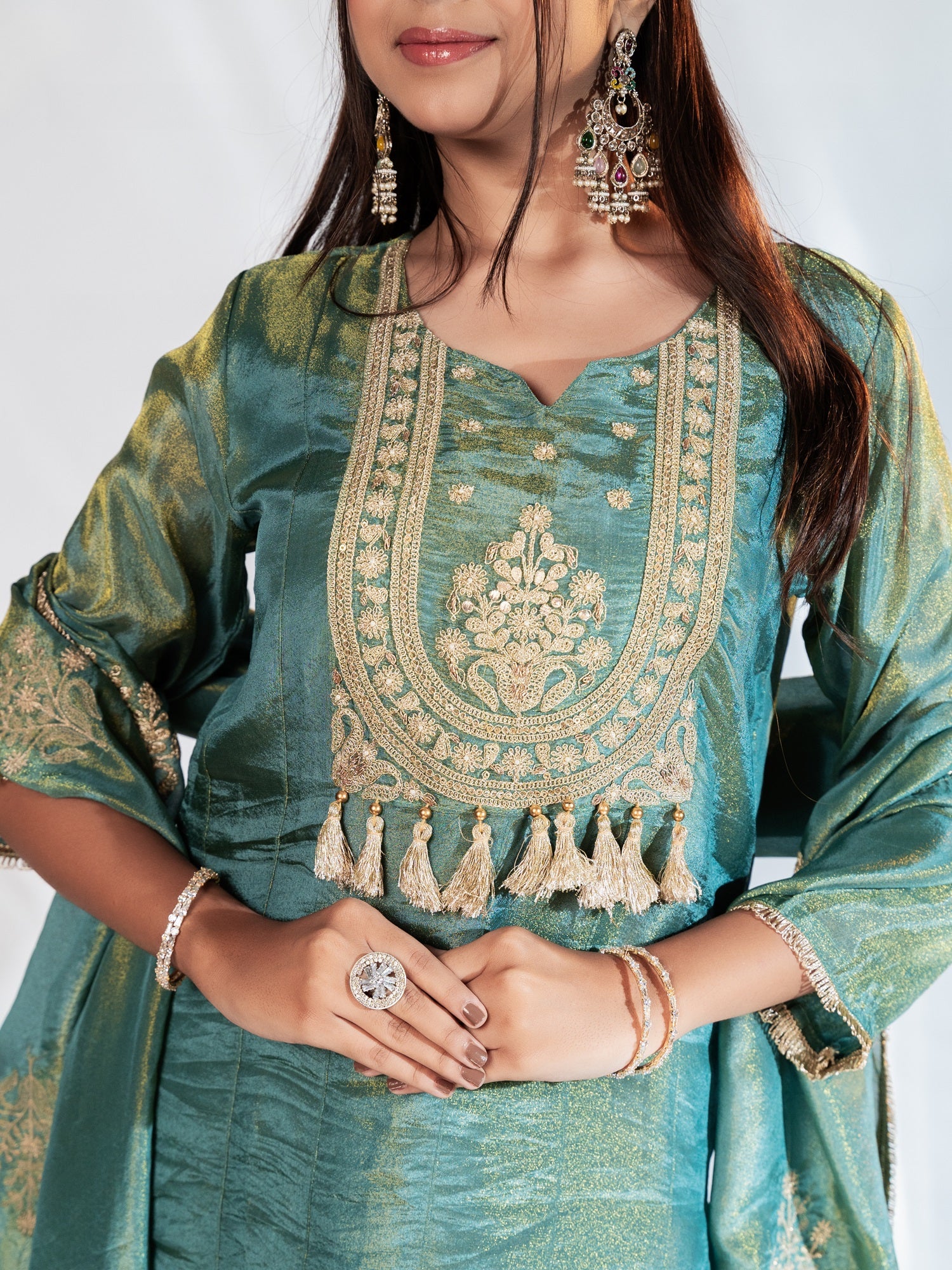 Rich Teal Shimmer Zari-Embroidered Suit Set
