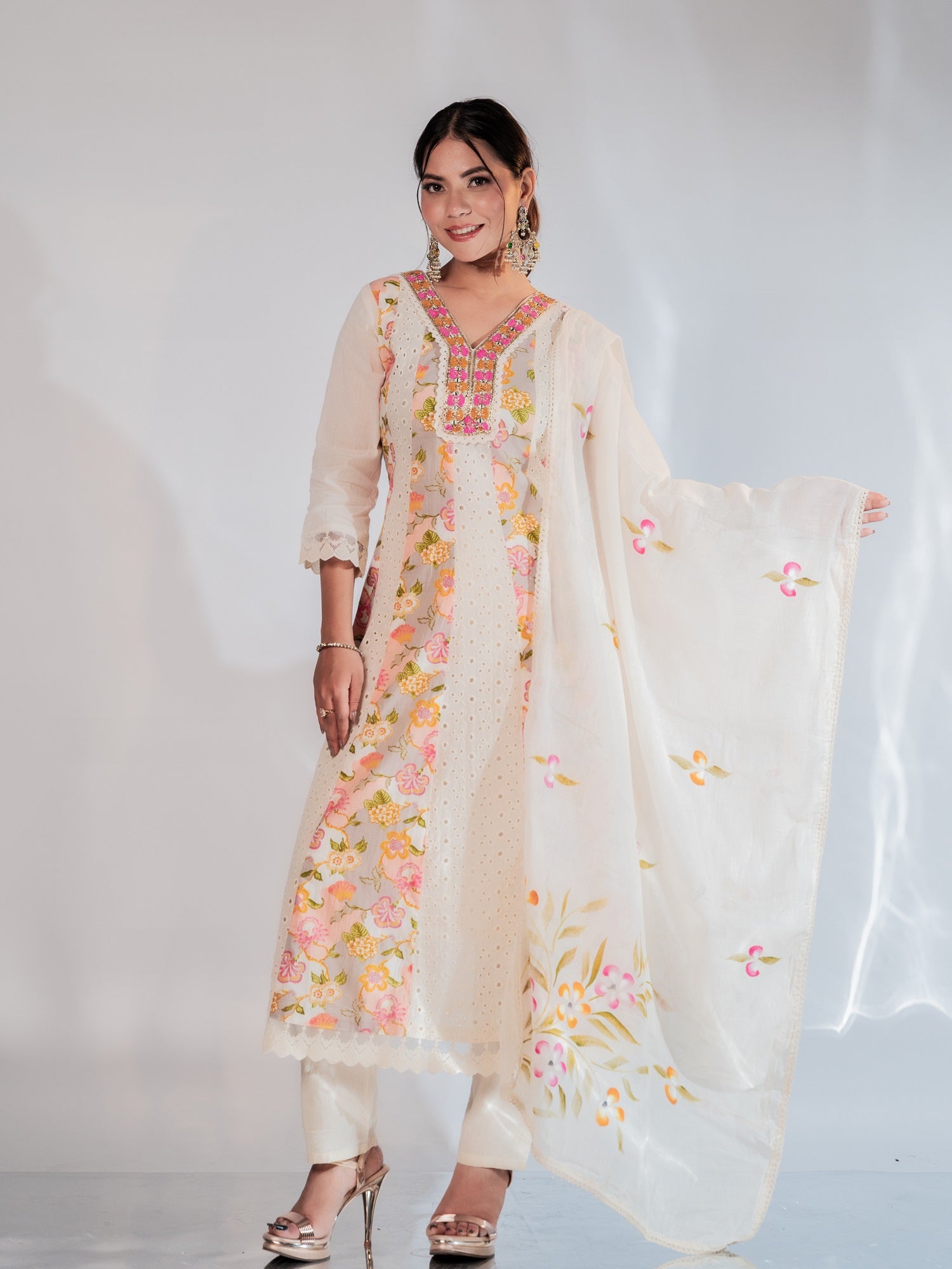 Ivory Pastel Floral Embroidered Suit Set