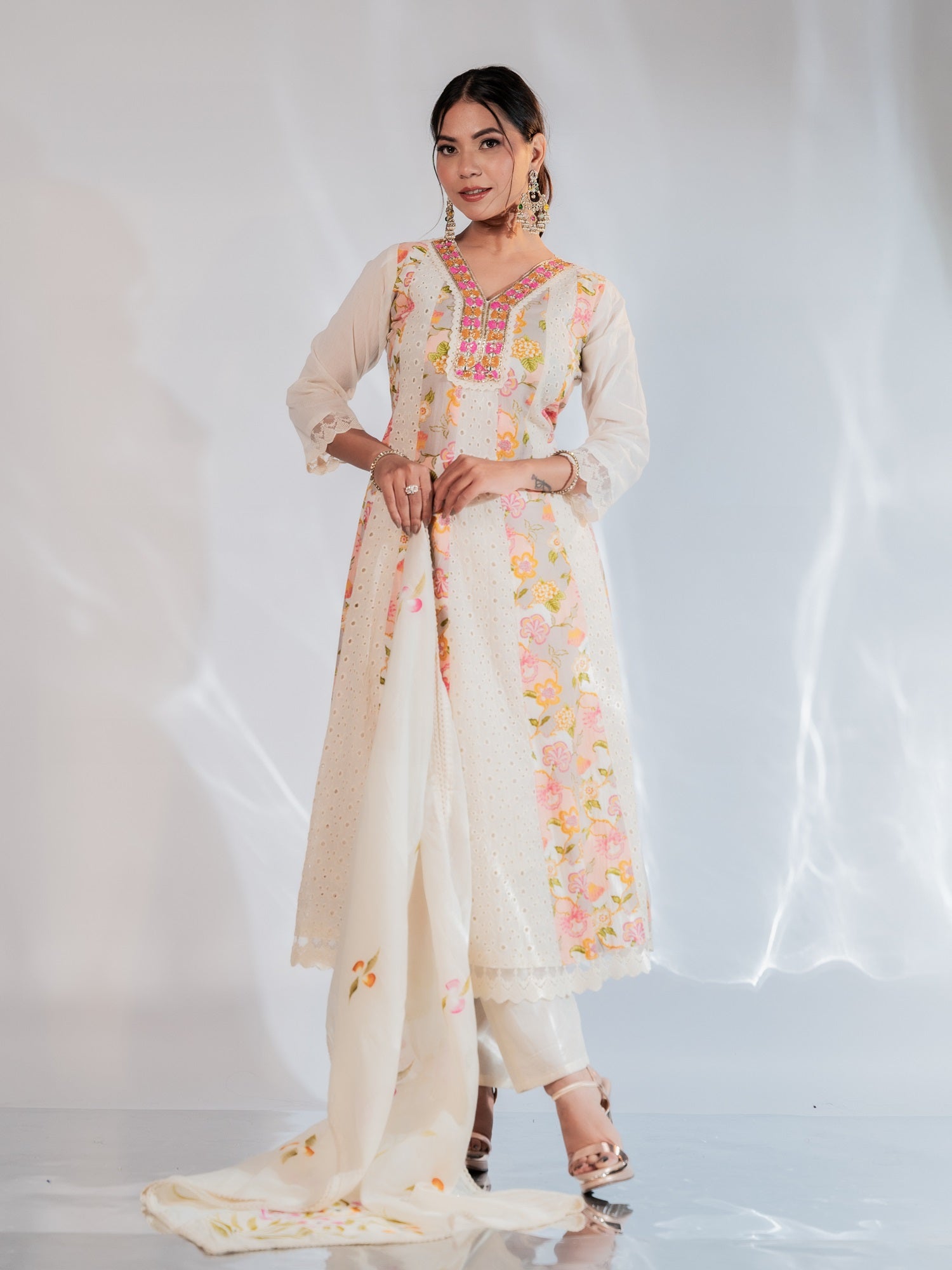 Ivory Pastel Floral Embroidered Suit Set