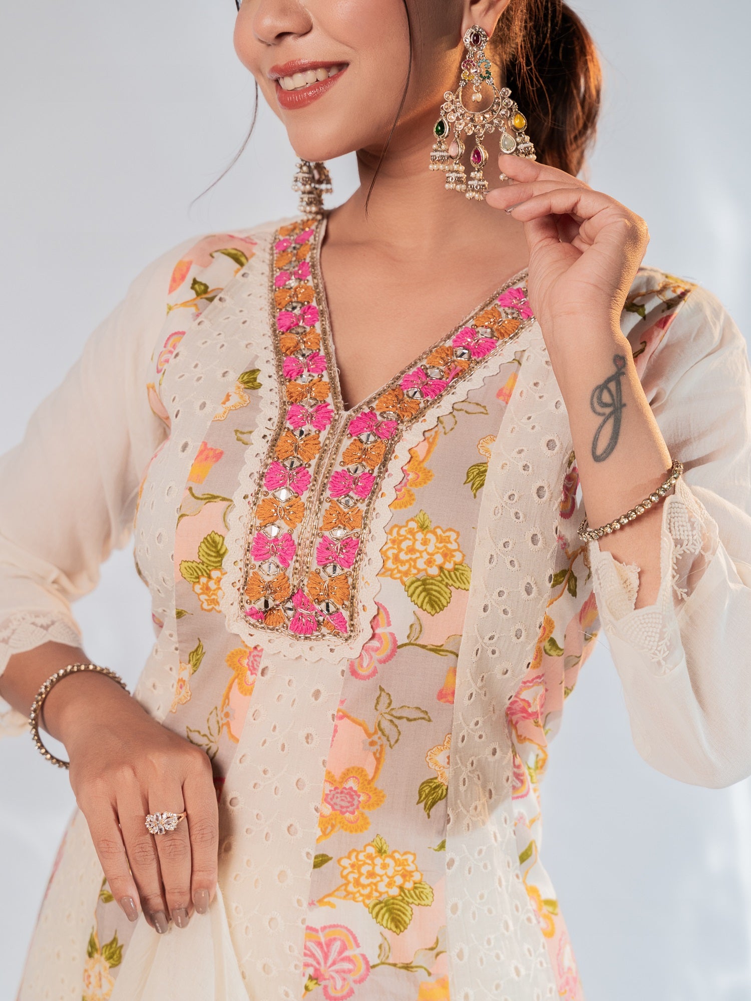 Ivory Pastel Floral Embroidered Suit Set