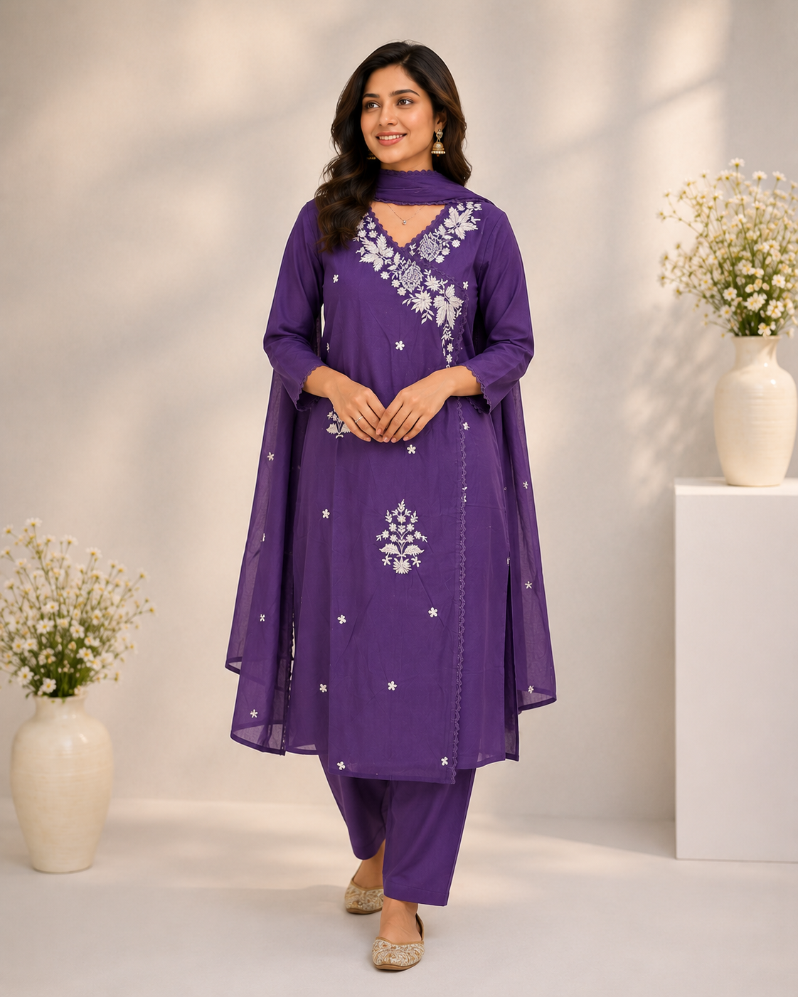 Angrakha Pattern Embroidered Cotton Suit