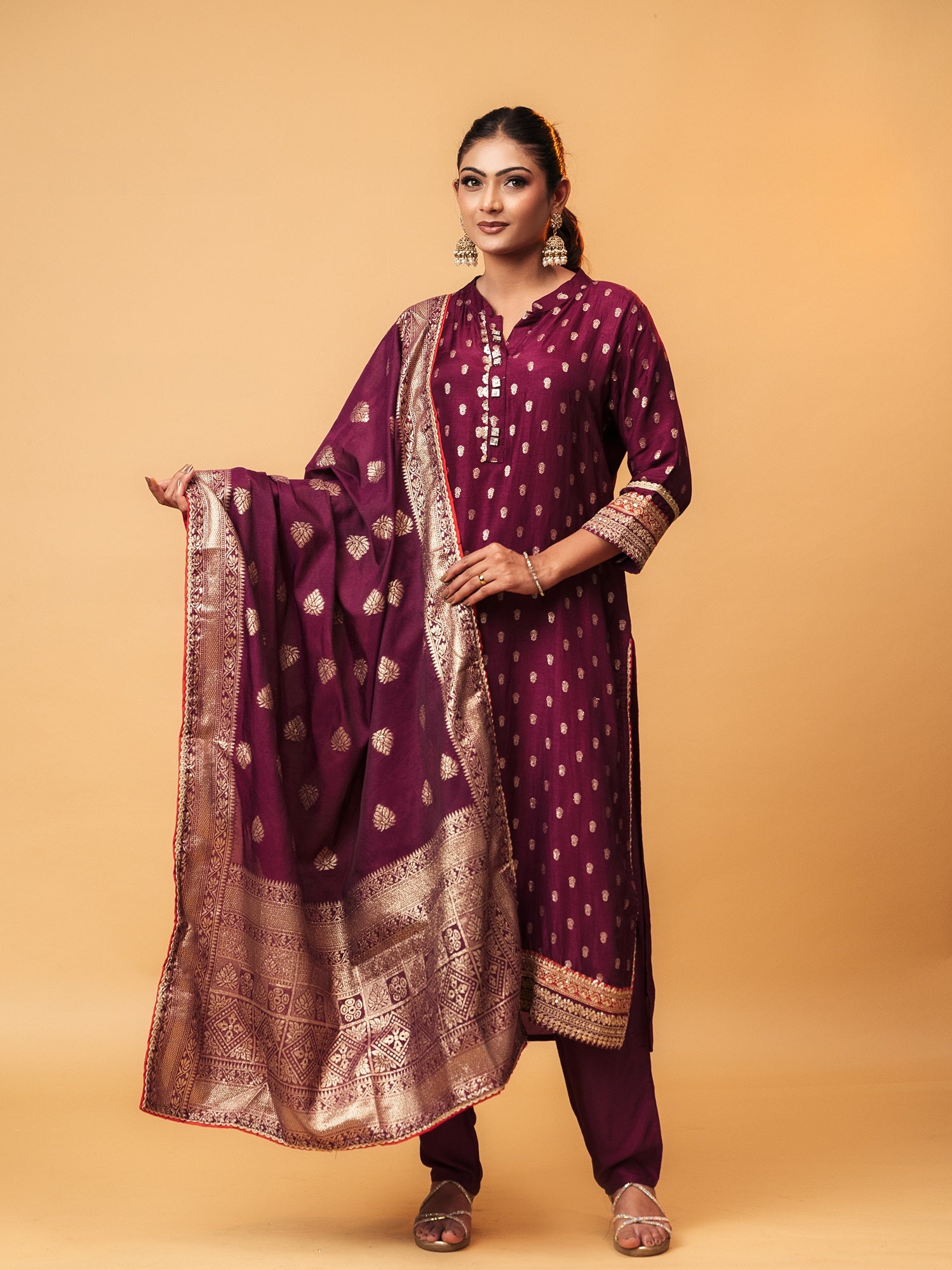 High Neck Royal Wine Banarasi Suit Set