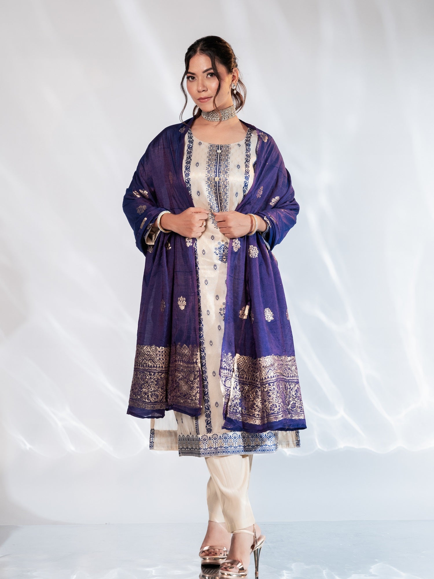 Ivory & Royal Blue Brocade Suit Set
