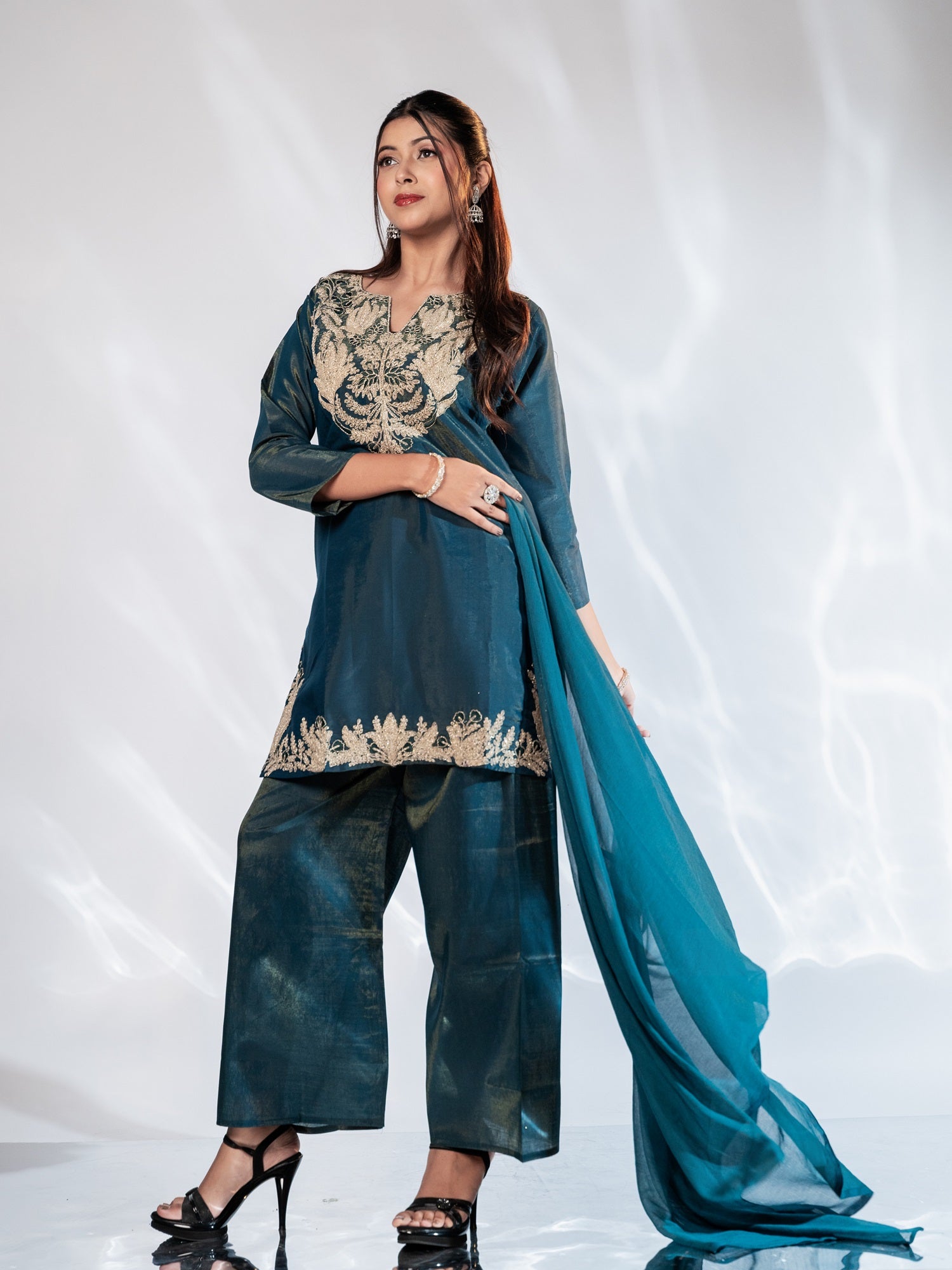 Ash Blue Embroidered Shimmer Silk Suit Set