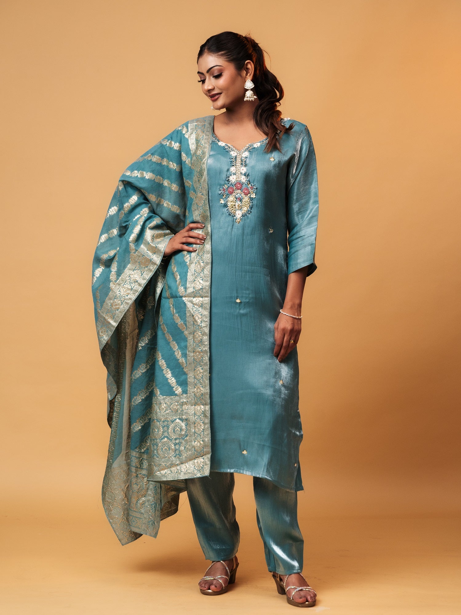 Teal Emroided Glass Tissue Suit Set