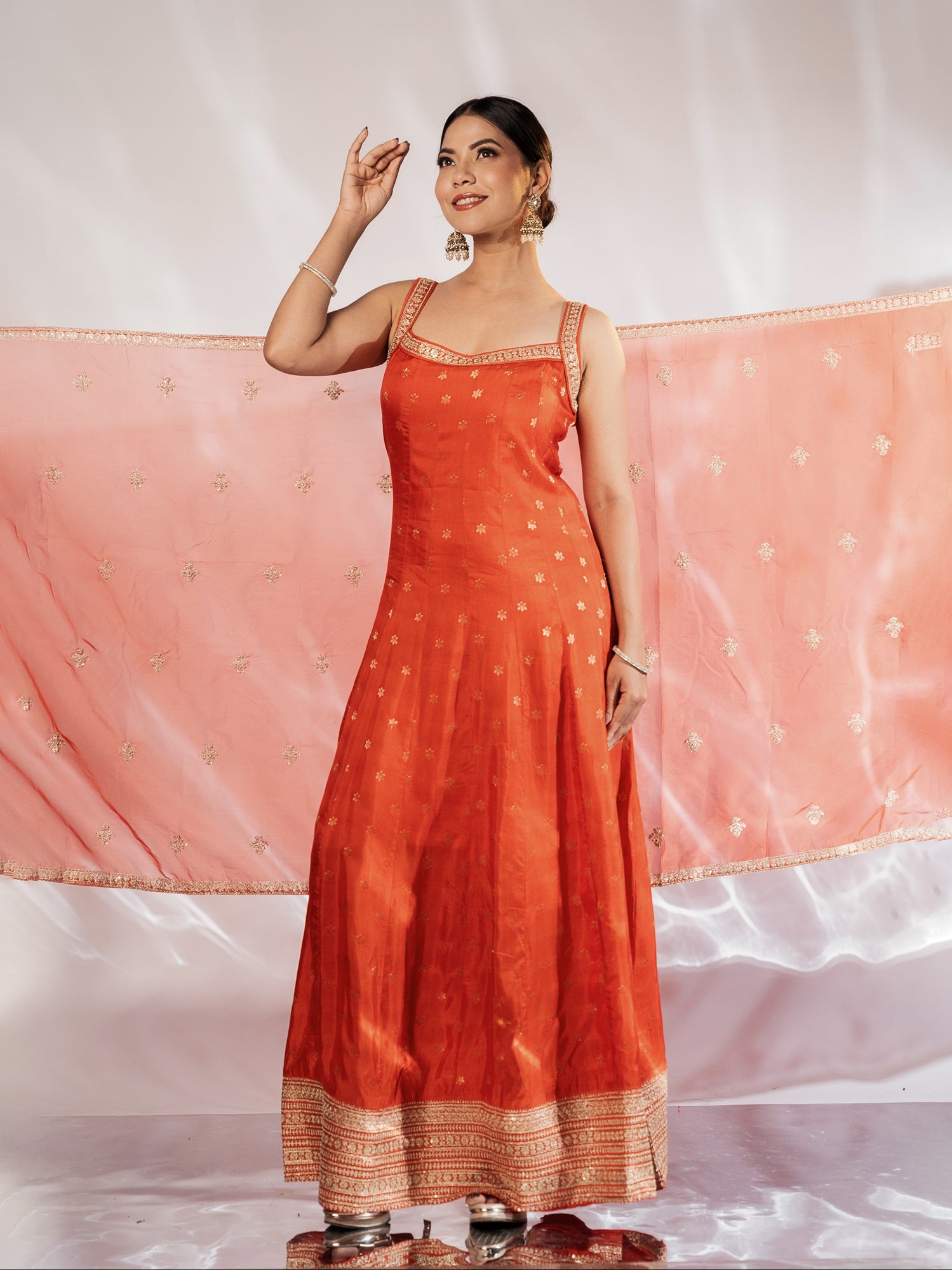 Orange Zari-Border Anarkali Gown With Dupatta