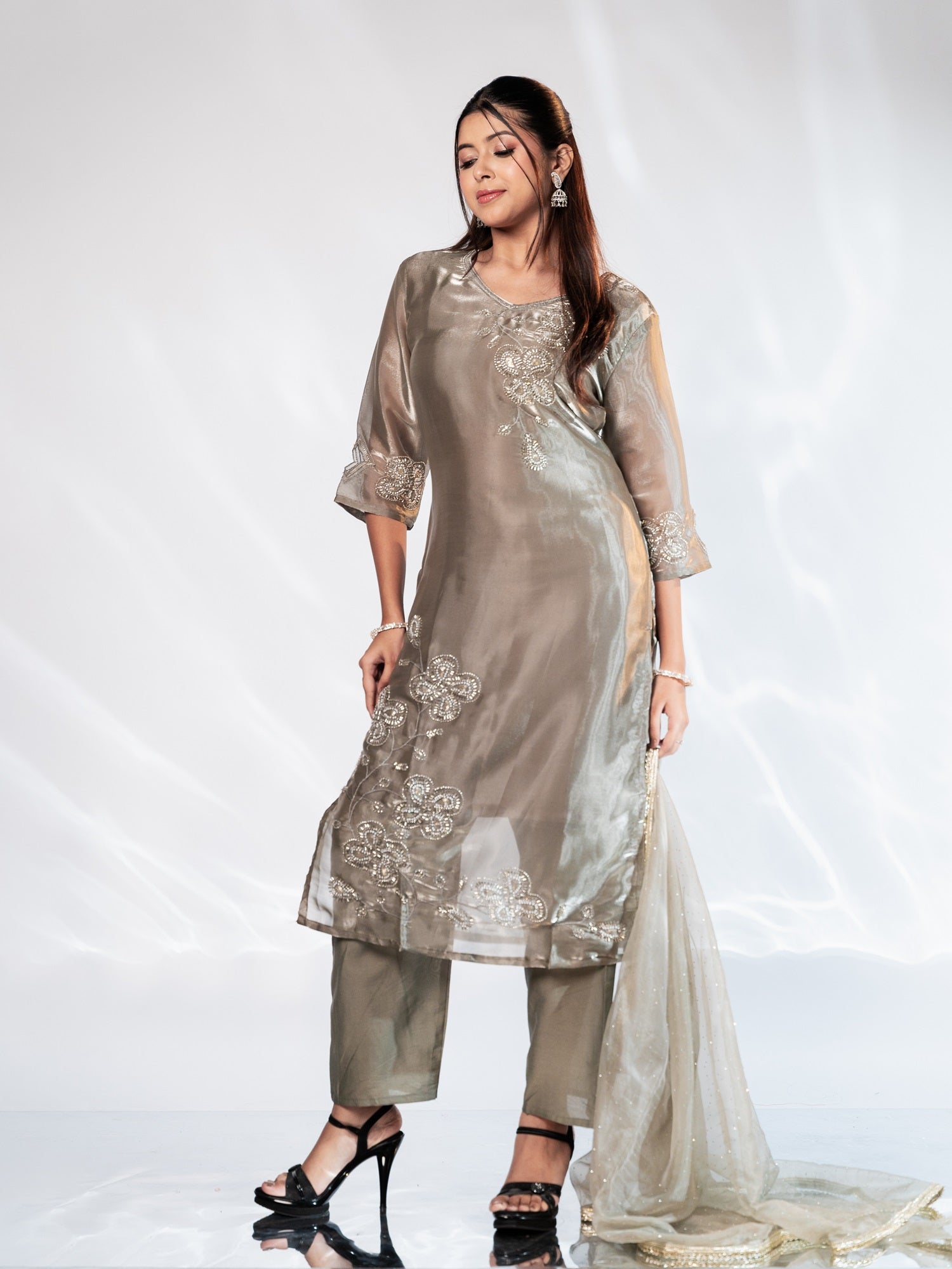 Grey Glass Tissue Aari-Embroidered Suit Set