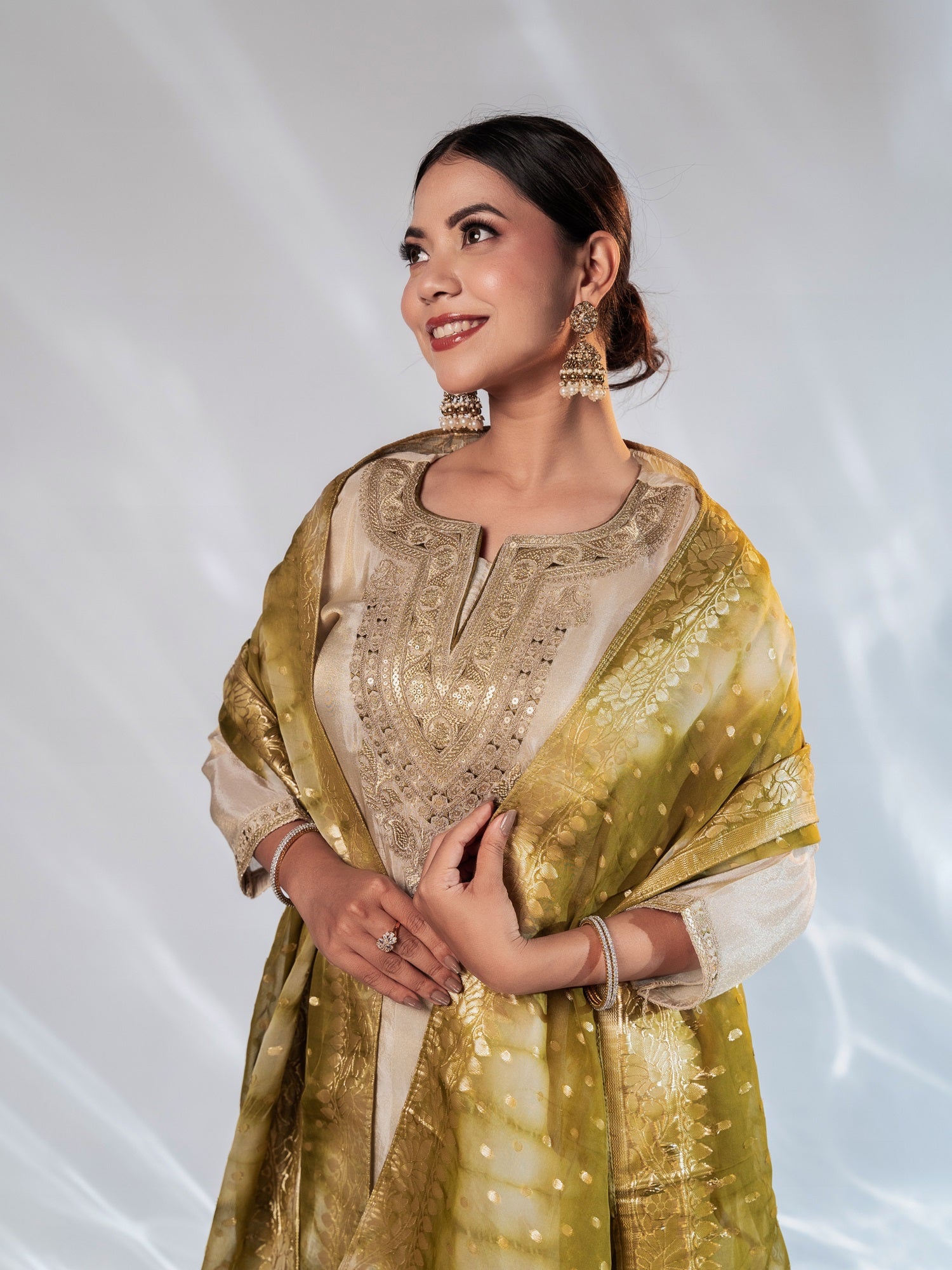 Beige Olive Gold Zari-Embroidered Silk Suit Set