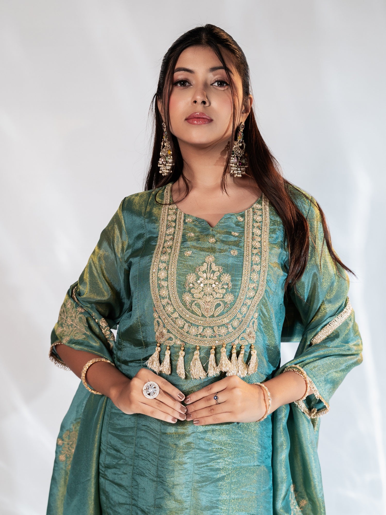 Rich Teal Shimmer Zari-Embroidered Suit Set
