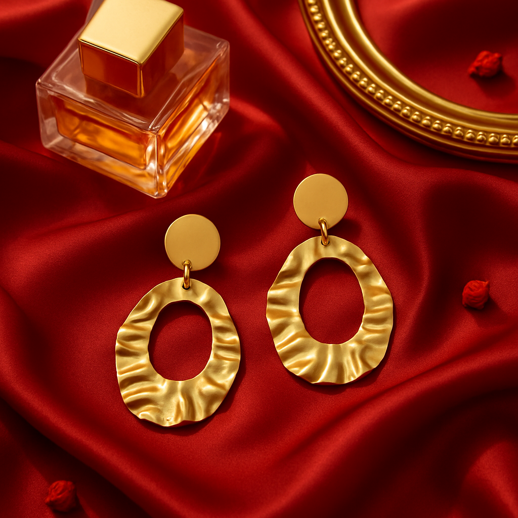 Golden Ripple Oval Statement Earrings