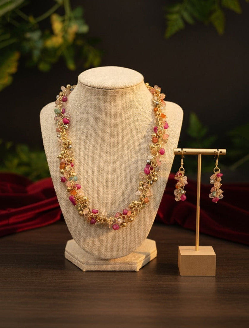 Rosy Crystal Cluster Necklace Set