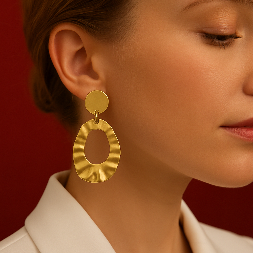 Golden Ripple Oval Statement Earrings