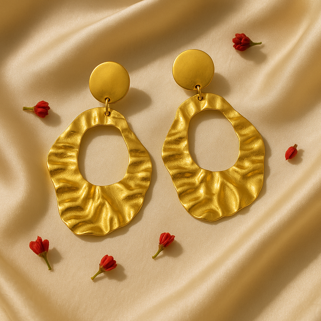 Golden Ripple Oval Statement Earrings