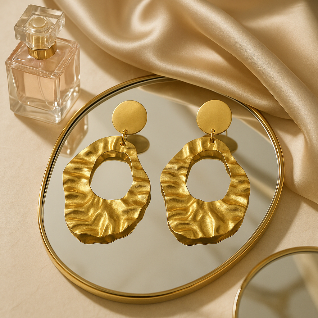 Golden Ripple Oval Statement Earrings