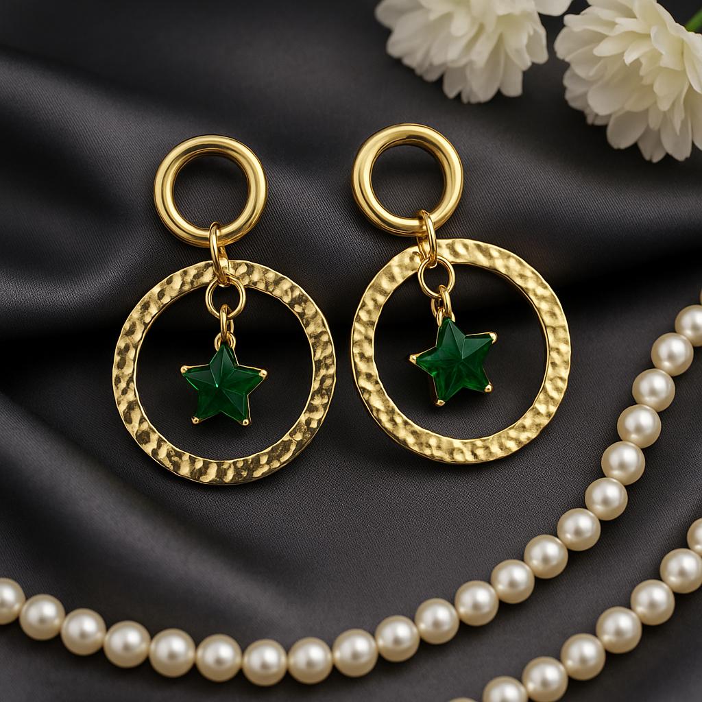 Emerald Star Orbit Drop Earrings