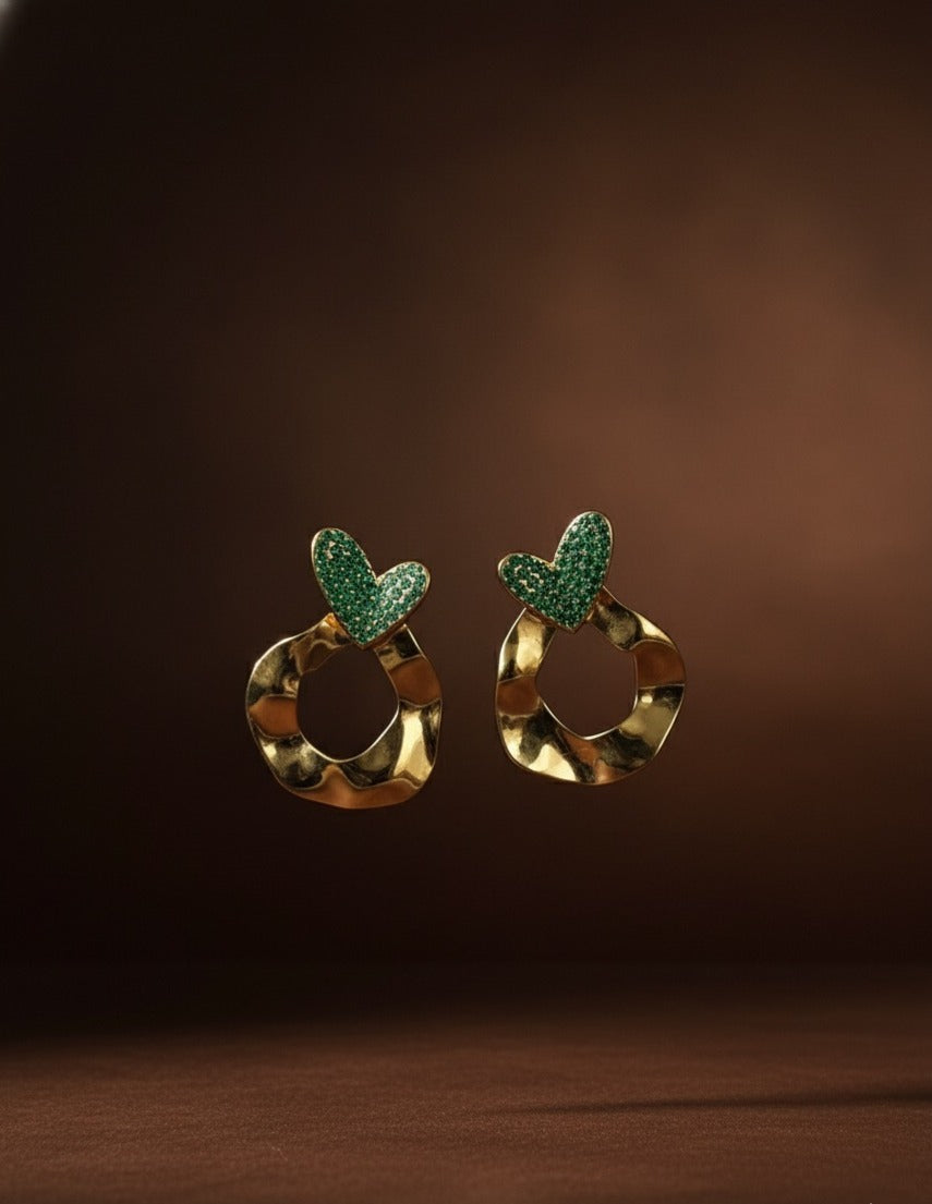 Emerald Heart Golden Stud Earrings