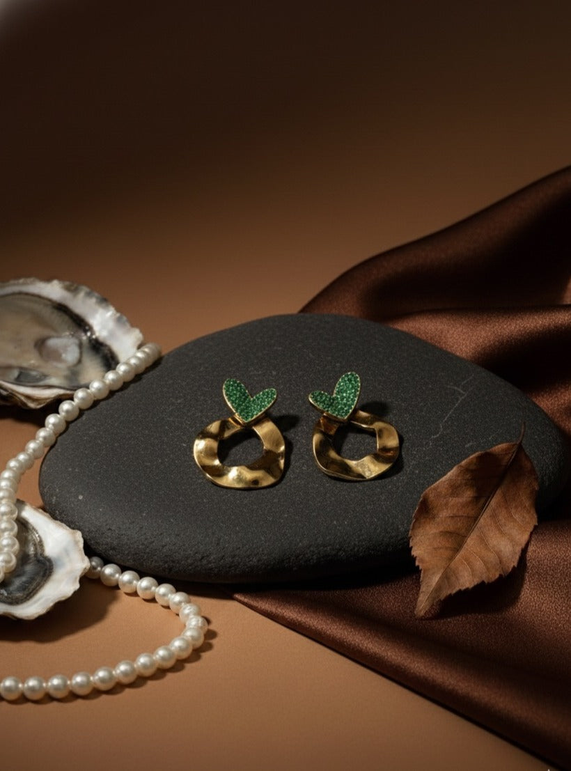Emerald Heart Golden Stud Earrings
