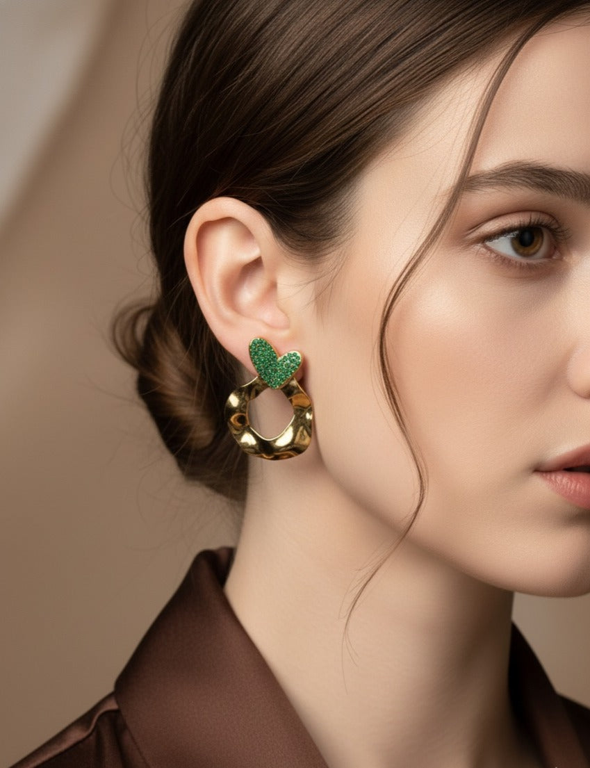 Emerald Heart Golden Stud Earrings