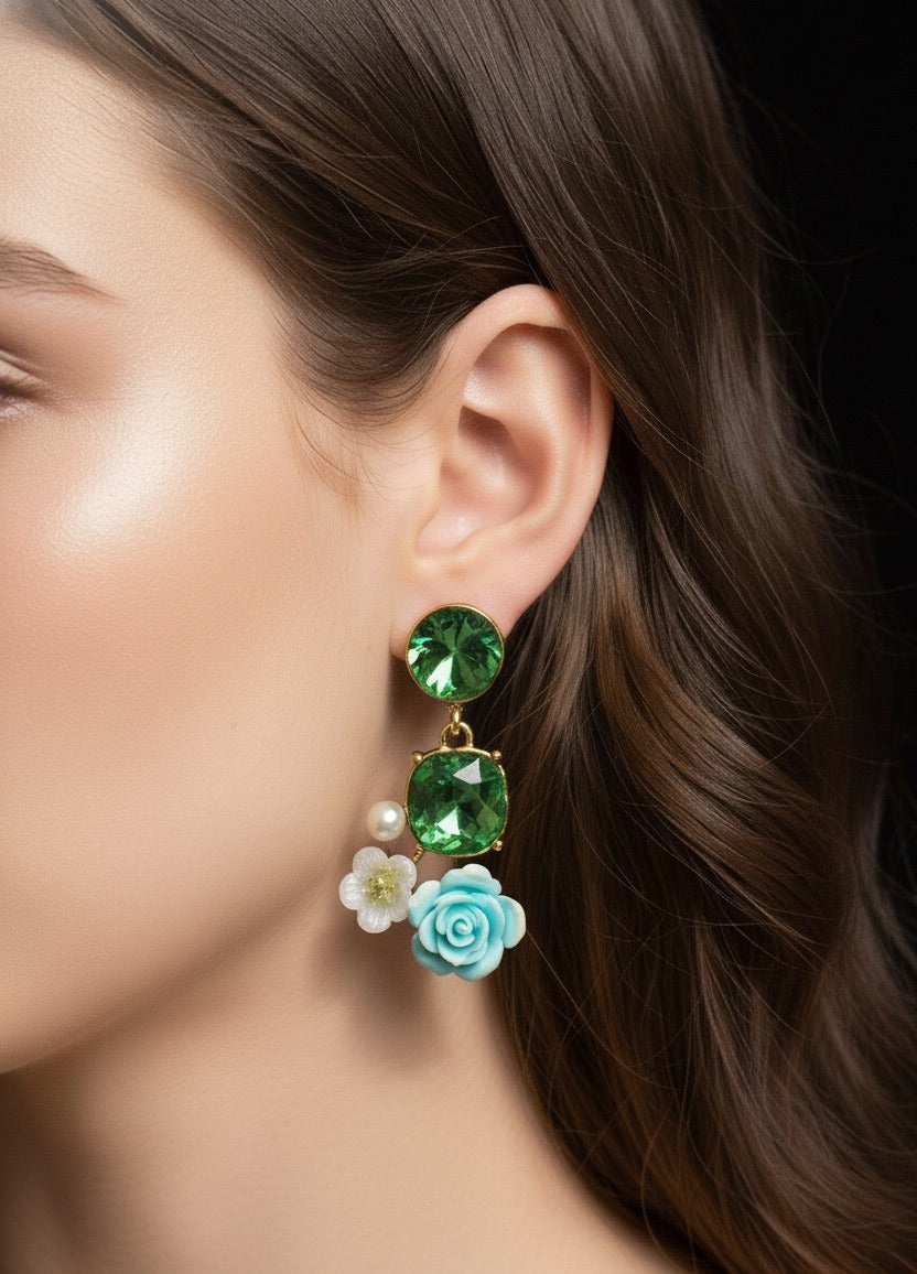 Emerald Green Rose Drop Earrings