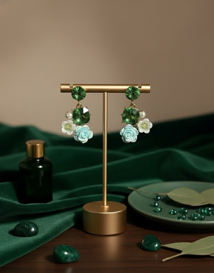 Emerald Green Rose Drop Earrings
