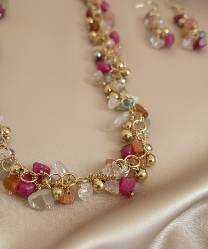 Rosy Crystal Cluster Necklace Set